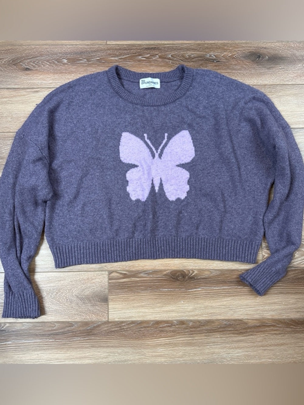 No Boundaries Purple Crewneck Sweater with Light Purple Butterfly